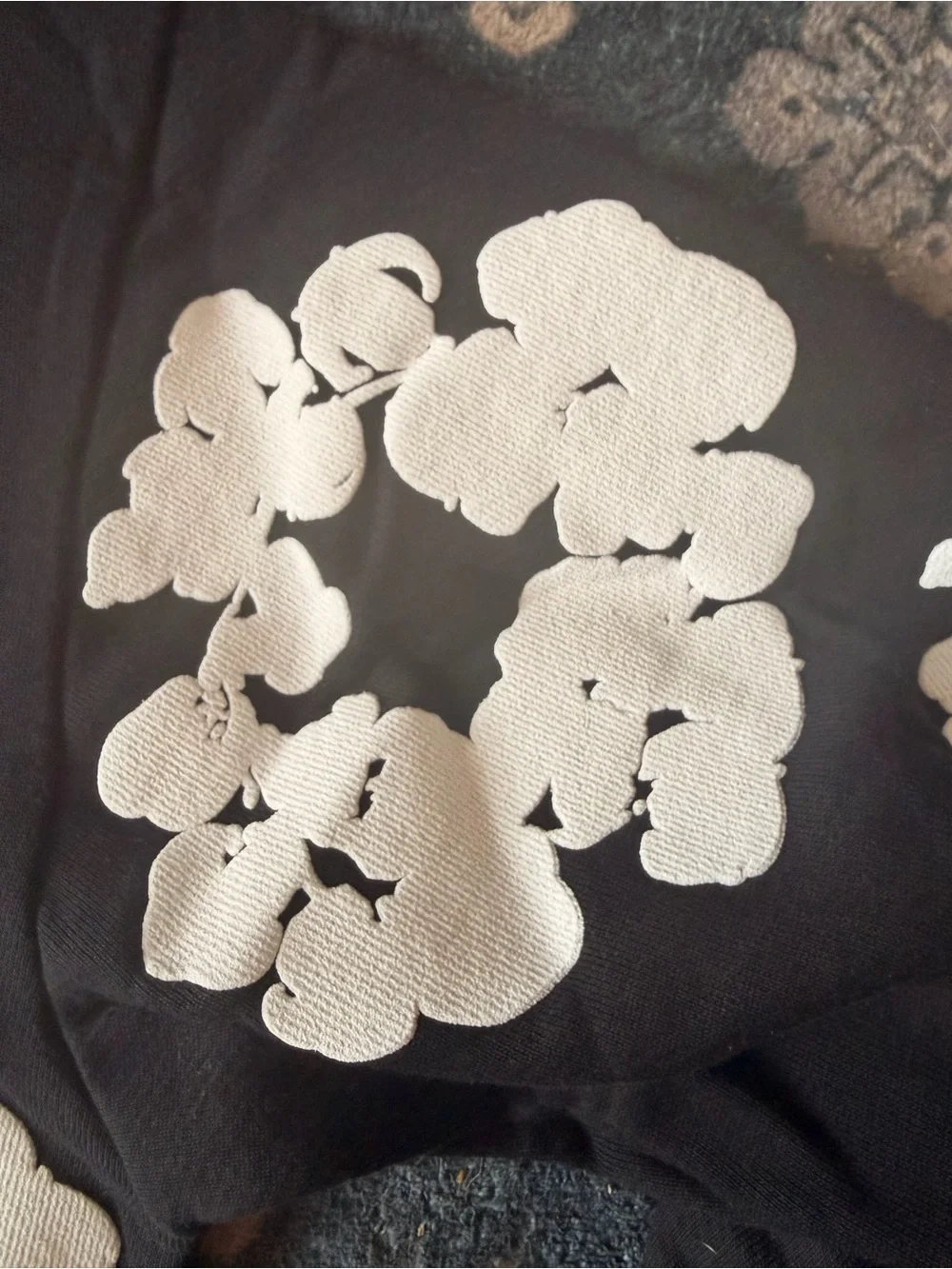 Black Crewneck Hoodie with Cream Floral Appliqué
